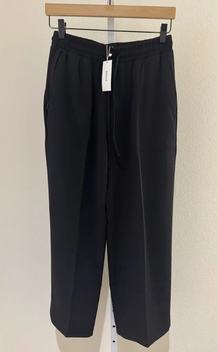 Spanx CarryOn Wide Leg Pants Womens S Petite Black Travel Drawstring 21545Q